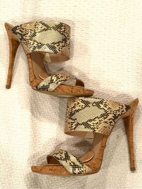 bebe Snake-Print Cork Stiletto Slide Sandals in Beige and Black